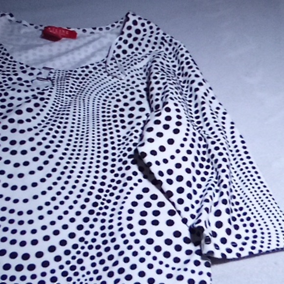 A LINE WOMAN 1X BLOUSE TOP SILVER ACCENT 3/4 SLEEVES WHITE W/ BLACK DOTS SPIRAL - Picture 6 of 8
